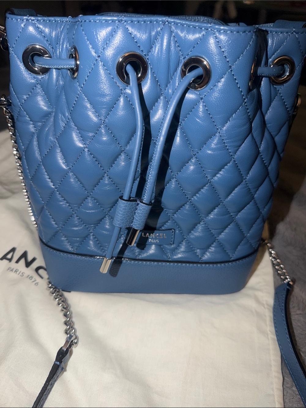 Preloved Lancel Paris Quilted Blue Drawstring Bucket Bag excellent condition